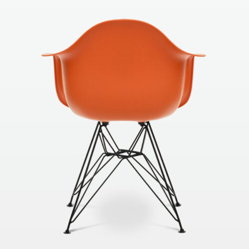 Designer Plastic Dining Armchair in Burnt Orange & Black Metal Legs - back