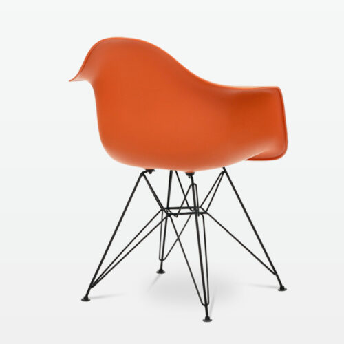 Designer Plastic Dining Armchair in Burnt Orange & Black Metal Legs - back angle