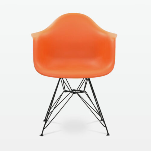 Designer Plastic Dining Armchair in Burnt Orange & Black Metal Legs - front