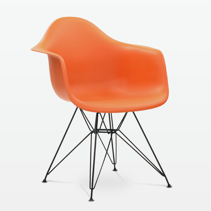 Designer Plastic Dining Armchair in Burnt Orange & Black Metal Legs - front angle