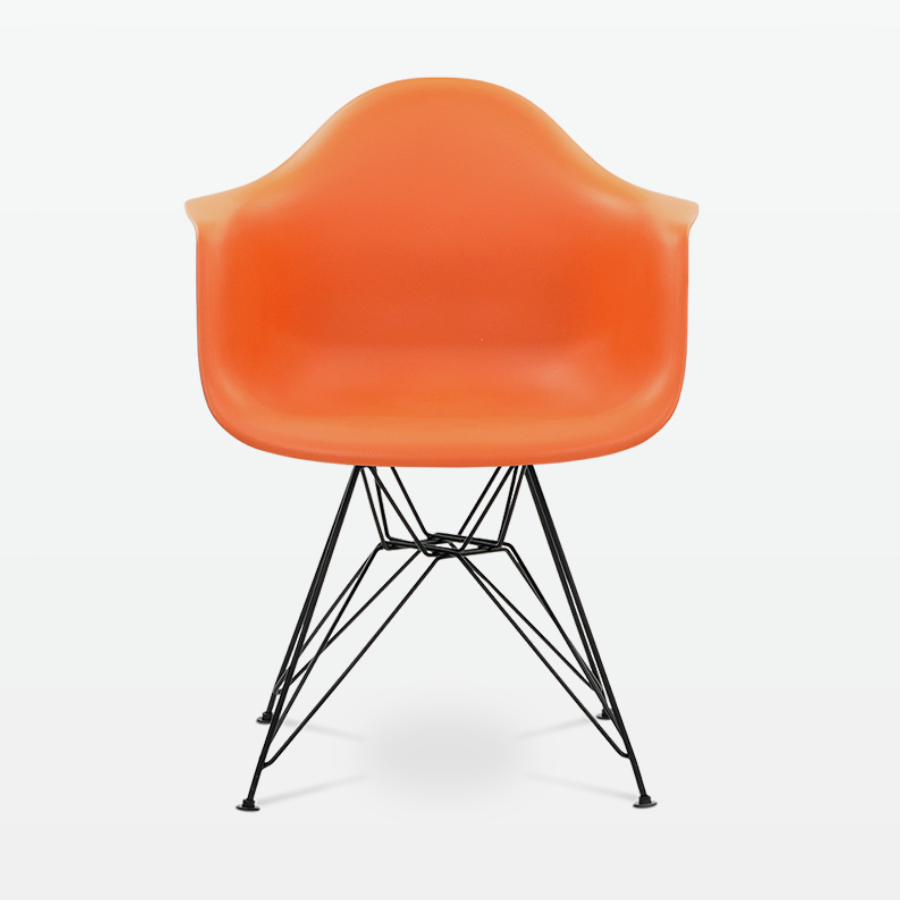 Designer Plastic Dining Armchair in Burnt Orange & Black Metal Legs - front