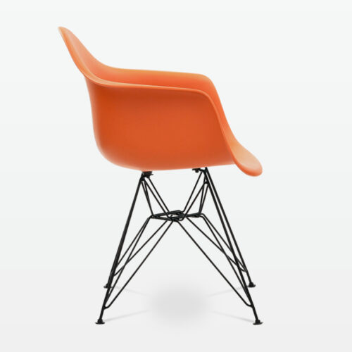 Designer Plastic Dining Armchair in Burnt Orange & Black Metal Legs - side