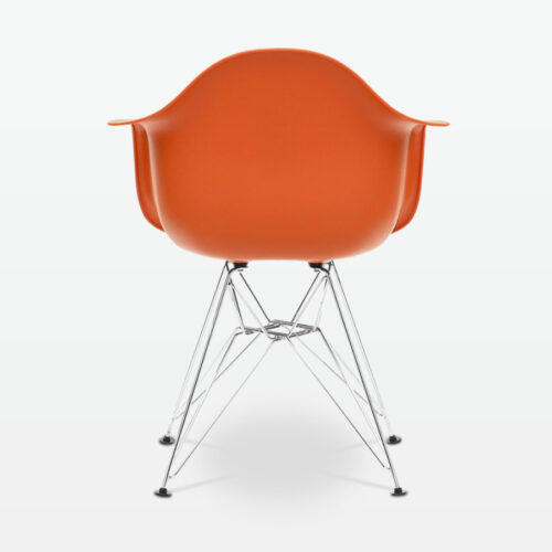 Designer Plastic Dining Armchair in Burnt Orange & Chrome Metal Legs - back