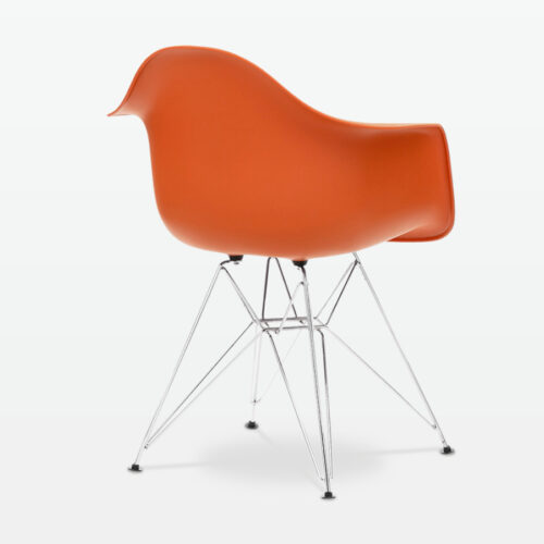 Designer Plastic Dining Armchair in Burnt Orange & Chrome Metal Legs - back angle