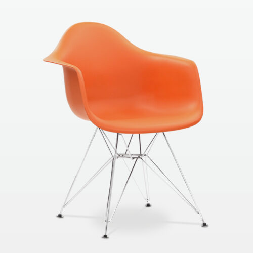 Designer Plastic Dining Armchair in Burnt Orange & Chrome Metal Legs - front angle