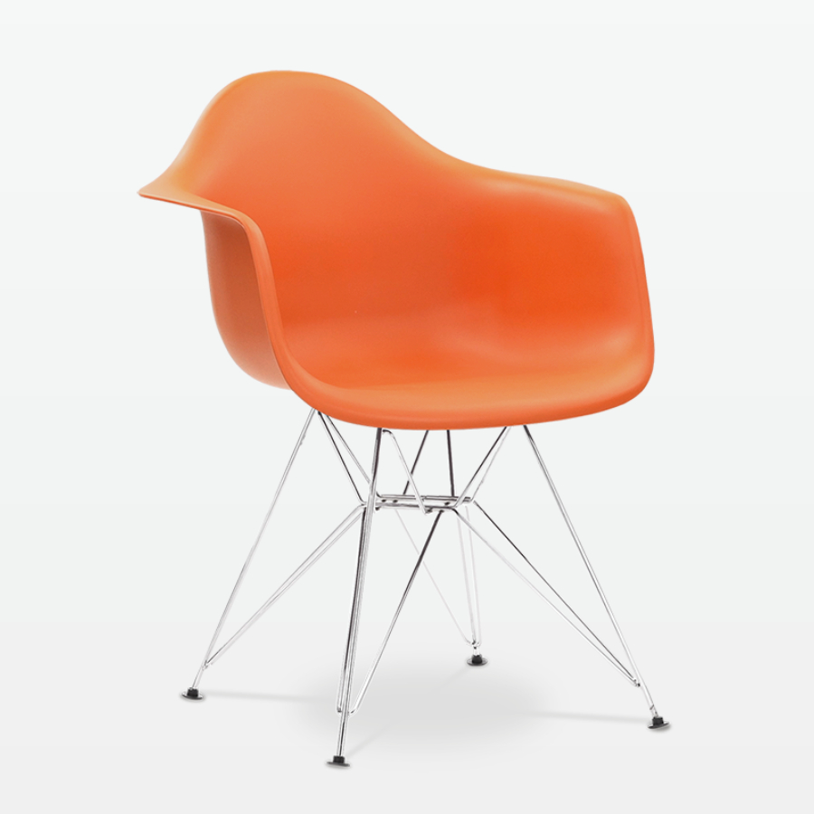 Designer Plastic Dining Armchair in Burnt Orange & Chrome Metal Legs - front angle