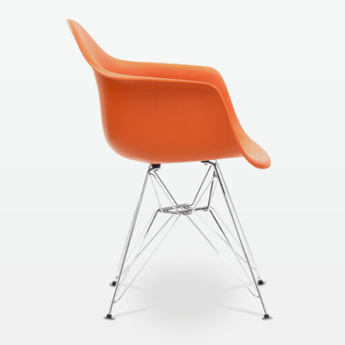 Designer Plastic Dining Armchair in Burnt Orange & Chrome Metal Legs - side