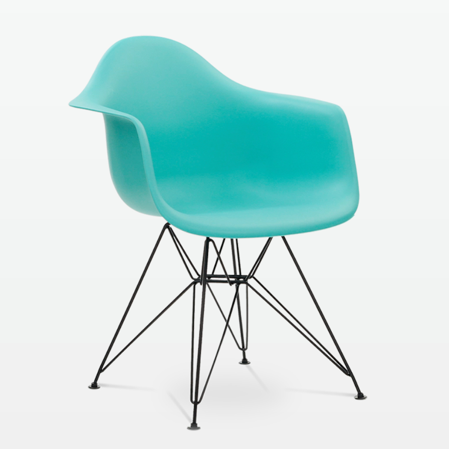 Designer Plastic Dining Armchair in Cyan & Black Metal Legs - front angle