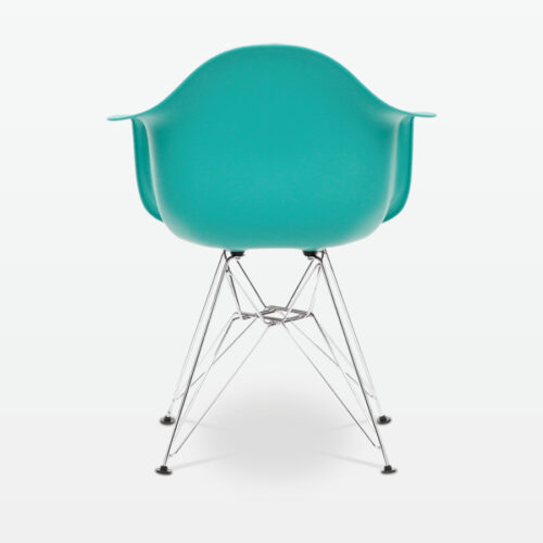 Designer Plastic Dining Armchair in Cyan & Chrome Metal Legs - back