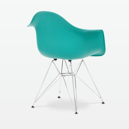 Designer Plastic Dining Armchair in Cyan & Chrome Metal Legs - back angle