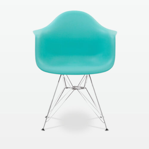 Designer Plastic Dining Armchair in Cyan & Chrome Metal Legs - front