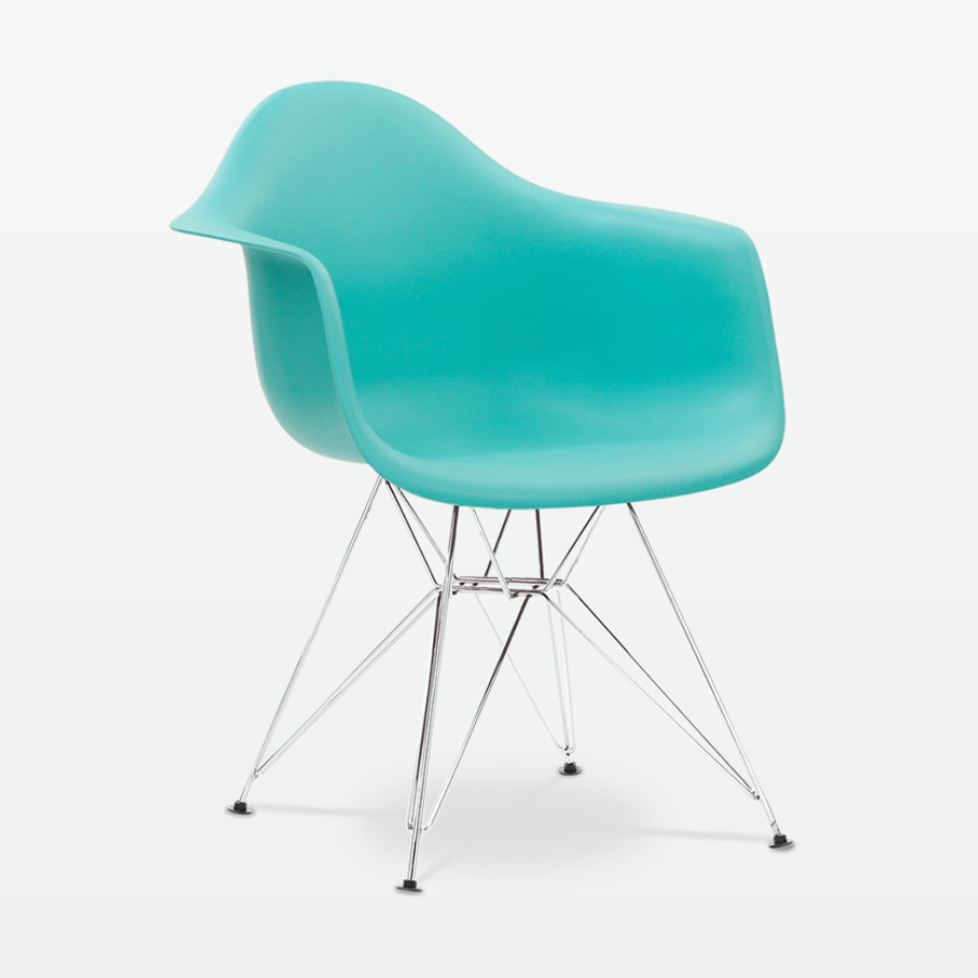 Designer Plastic Dining Armchair in Cyan & Chrome Metal Legs - front angle