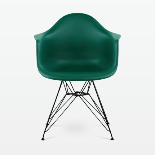 Designer Plastic Dining Armchair in Forest Green & Black Metal Legs - front