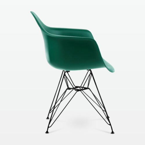 Designer Plastic Dining Armchair in Forest Green & Black Metal Legs - side