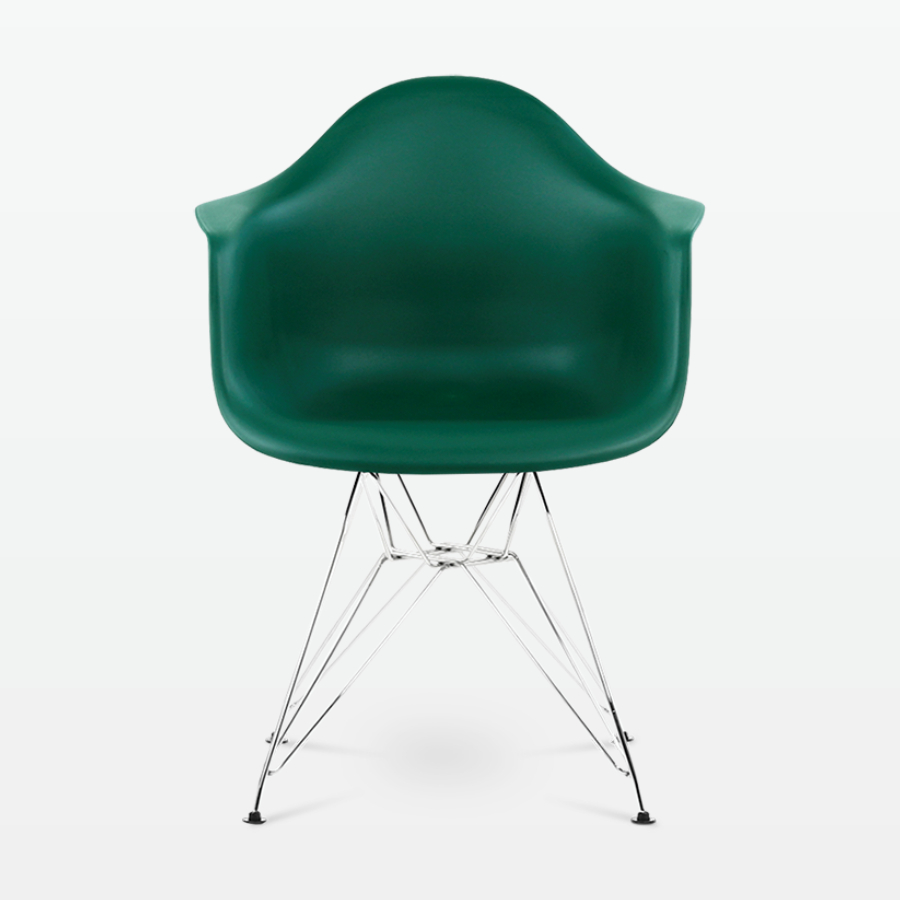 Designer Plastic Dining Armchair in Forest Green & Chrome Metal Legs - front