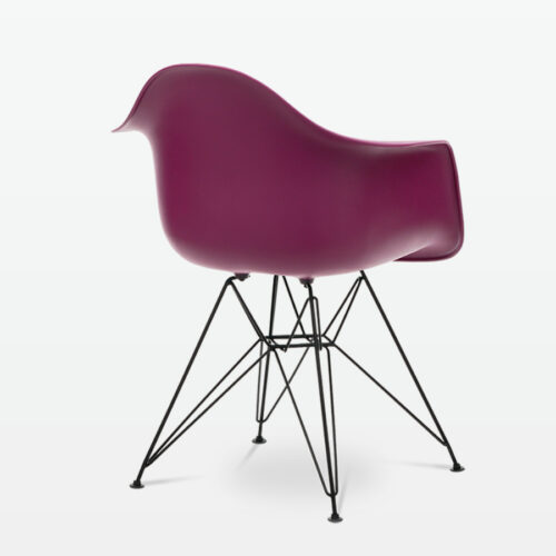 Designer Plastic Dining Armchair in Mulberry & Black Metal Legs - back angle