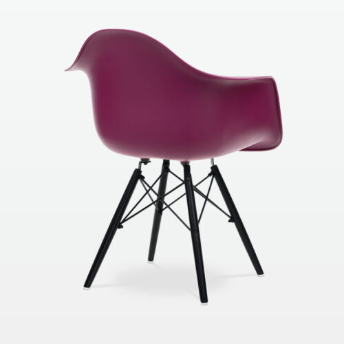 Designer Plastic Dining Armchair in Mulberry & Black Wood Legs - back angle