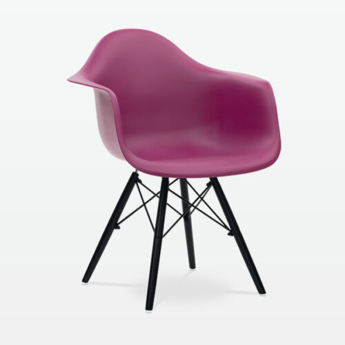 Designer Plastic Dining Armchair in Mulberry & Black Wood Legs - front angle