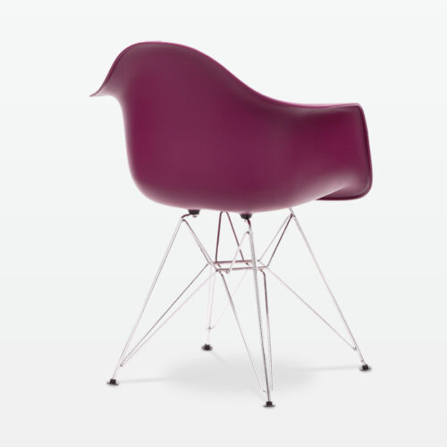 Designer Plastic Dining Armchair in Mulberry & Chrome Metal Legs - back angle