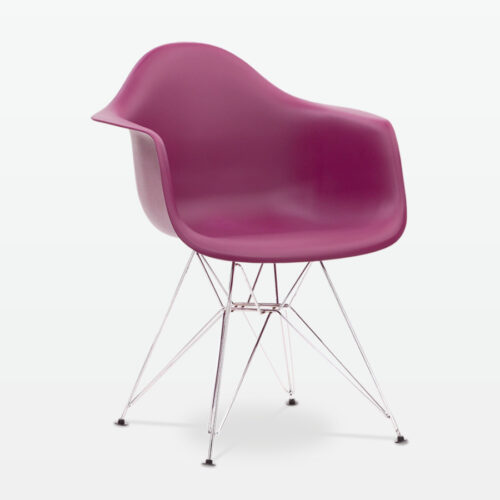 Designer Plastic Dining Armchair in Mulberry & Chrome Metal Legs - front angle