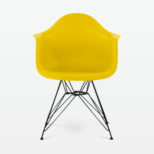 Designer Plastic Dining Armchair in Mustard & Black Metal Legs - front