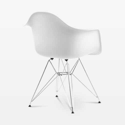 Designer Plastic Dining Armchair in White & Chrome Metal Legs - back angle