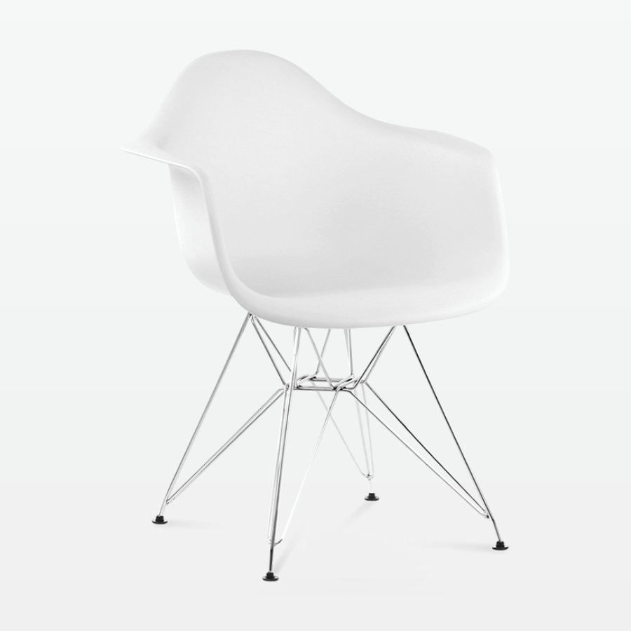 Designer Plastic Dining Armchair in White & Chrome Metal Legs - front angle