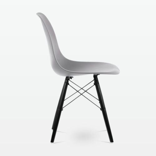 Designer Plastic Dining Side Chair in Mid Grey Top & Black Wooden Legs - side