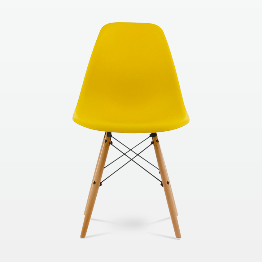 Designer Plastic Dining Side Chair in Mustard Top & Beech Wooden Legs - front