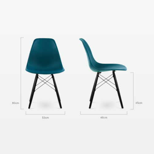 Designer Plastic Dining Side Chair in Ocean Top & Black Wooden Legs - dimensions