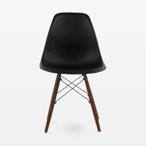 Designer Plastic Dining Side Chair in Black Top & Walnut Wooden Legs - front