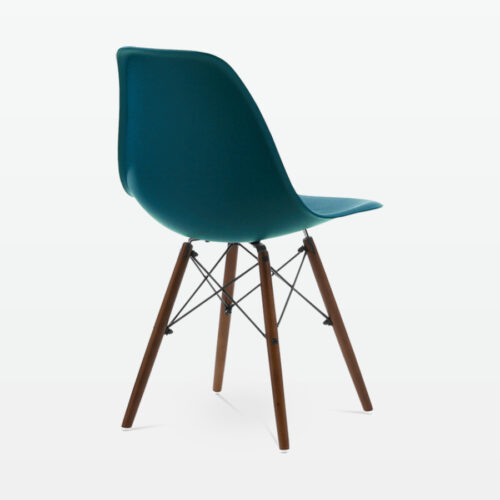 Designer Plastic Dining Side Chair in Ocean Top & Walnut Wooden Legs - back angle