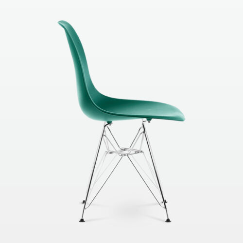 Designer Plastic Side Chair in Forest Green & Chrome Metal Legs - side