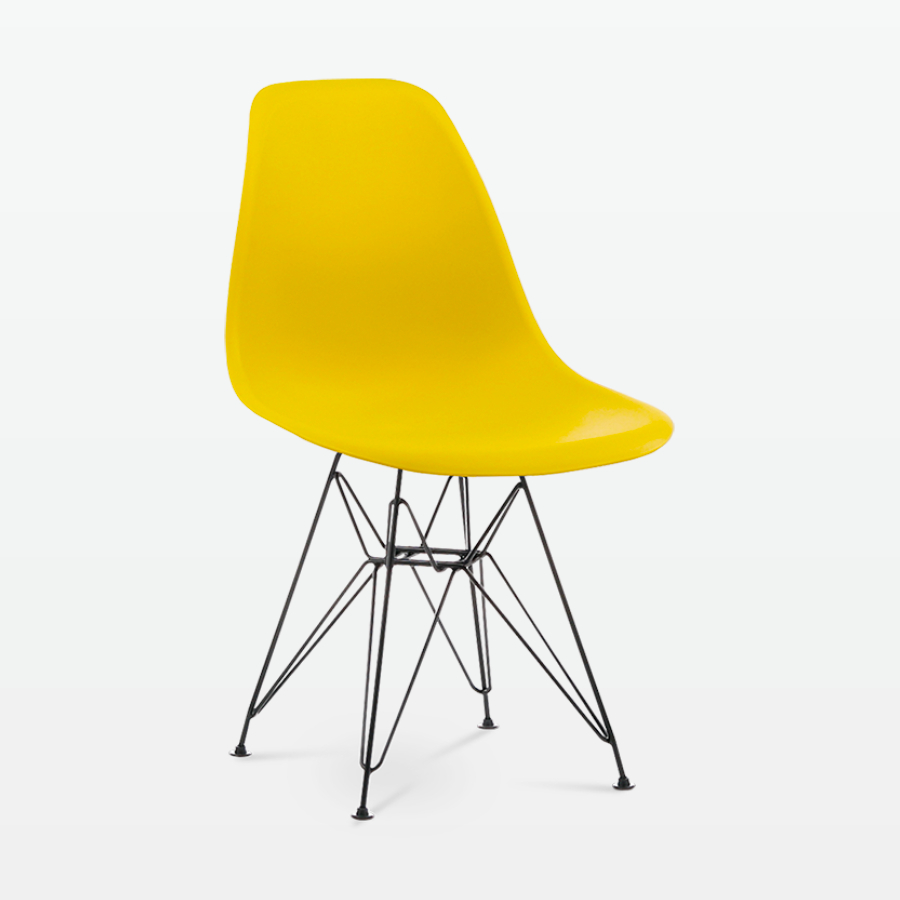 Designer Plastic Side Chair in Mustard & Black Metal Legs - front angle