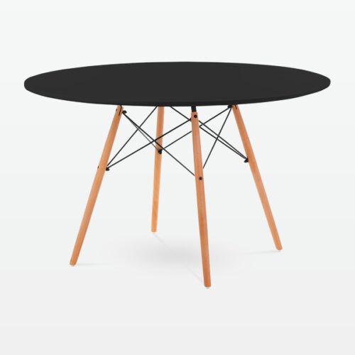 Mid-Century Designer 120cm Dining Table in Black Plastic, Metal & Beech Wooden Legs - front angle