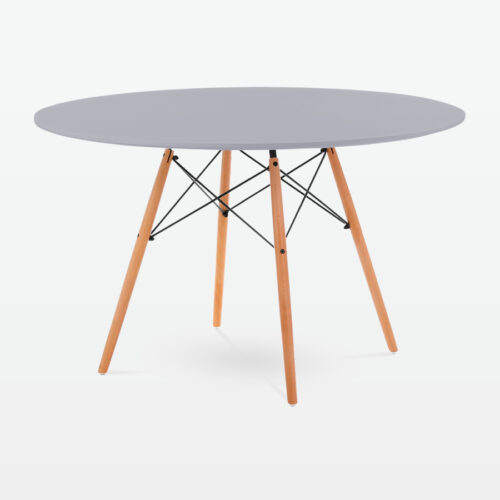 Mid-Century Designer 120cm Dining Table in Grey Plastic, Metal & Beech Wooden Legs - front angle