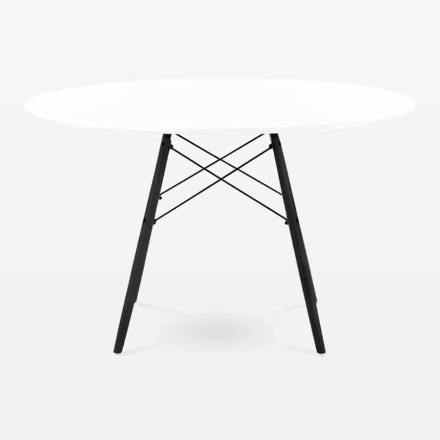 Mid-Century Designer 120cm Dining Table in White Plastic, Metal & Black Wooden Legs - front