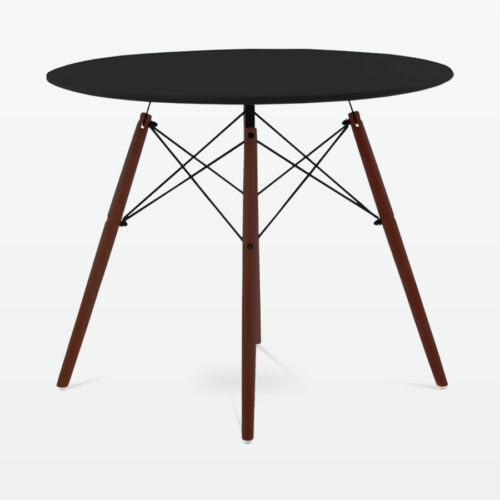 Mid-Century Designer 90cm Dining Table in Black Plastic, Metal & Walnut Wooden Legs - side