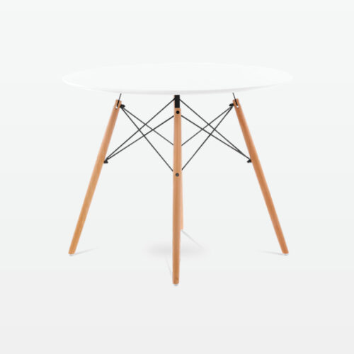 Mid-Century Designer 90cm Dining Table in White Plastic, Metal & Beech Wooden Legs - side