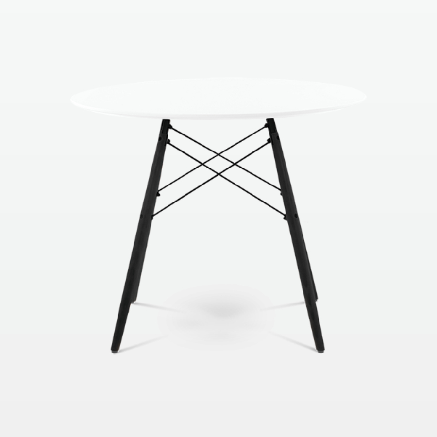 Mid-Century Designer 90cm Dining Table in White Plastic, Metal & Black Wooden Legs - front