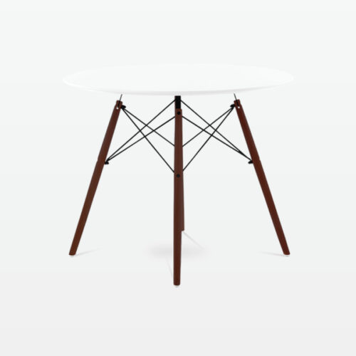 Mid-Century Designer 90cm Dining Table in White Plastic, Metal & Walnut Wooden Legs - side