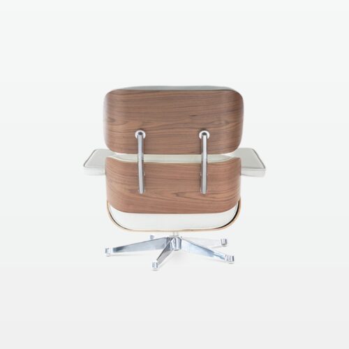 Designer Leather Armchair & Foot Stool in White Leather, Walnut Veneer & Chrome Base - back